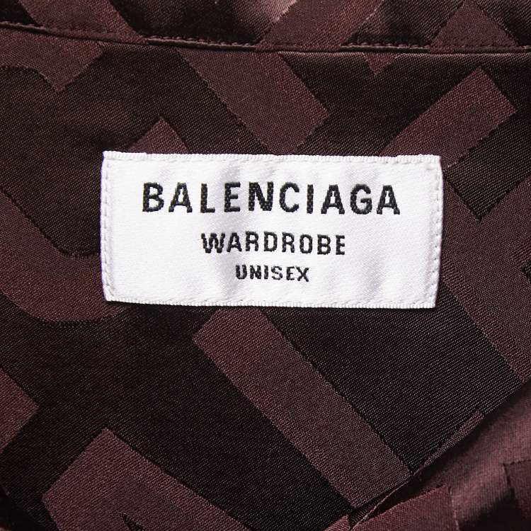 Pre Owned Balenciaga Brown All-Over Logo Patterned Satin Half Sleeve Shirt S 