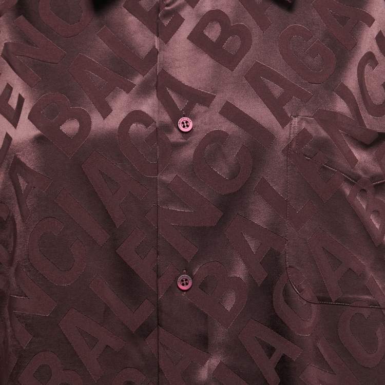 Pre Owned Balenciaga Brown All-Over Logo Patterned Satin Half Sleeve Shirt S 