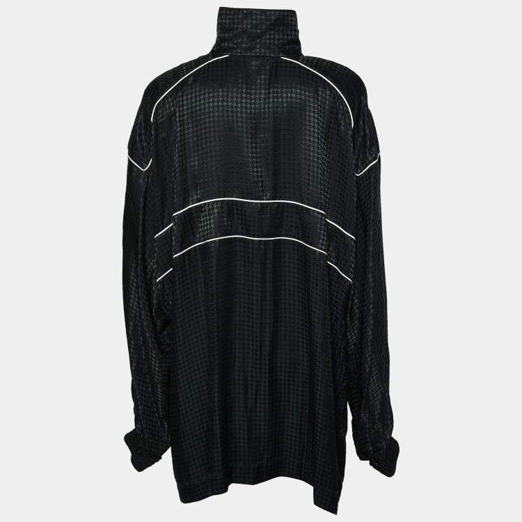 Pre Owned Balenciaga Black Houndstooth Pattern Satin Zip Front Oversized Long Jacket S