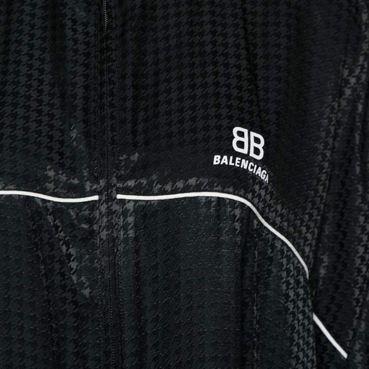 Pre Owned Balenciaga Black Houndstooth Pattern Satin Zip Front Oversized Long Jacket S