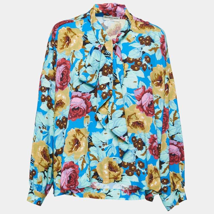 Pre Owned Balenciaga Multicolor Floral Printed Crepe neck Tie Detail Oversized Top M