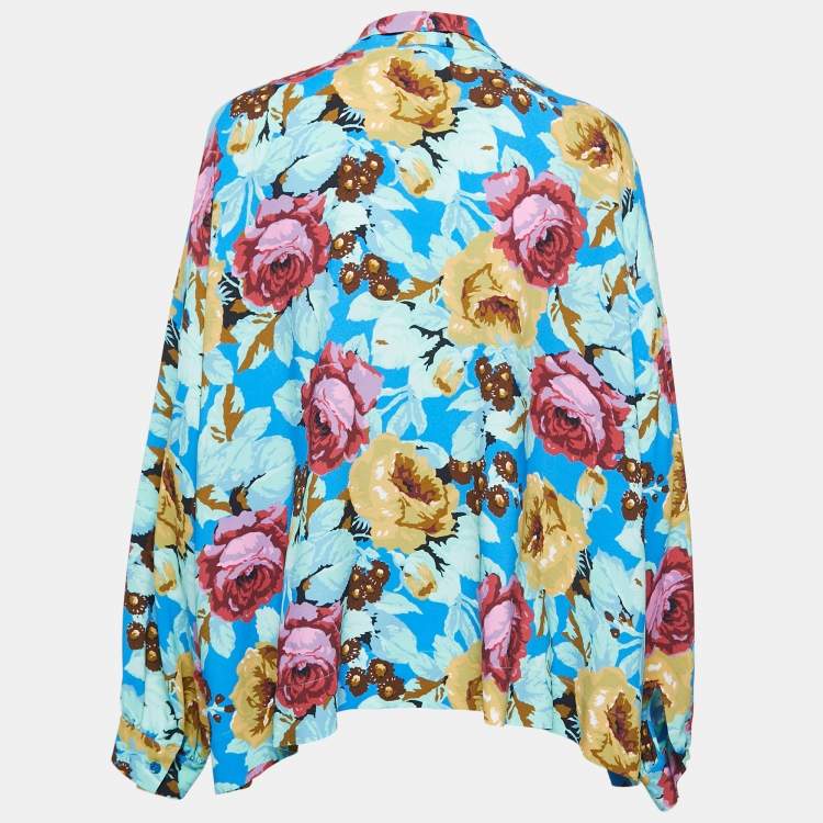 Pre Owned Balenciaga Multicolor Floral Printed Crepe neck Tie Detail Oversized Top M