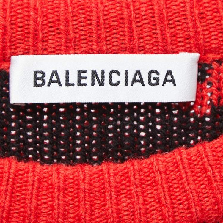 Pre Owned Balenciaga Red All Over Logo Intarsia Wool Sweater L