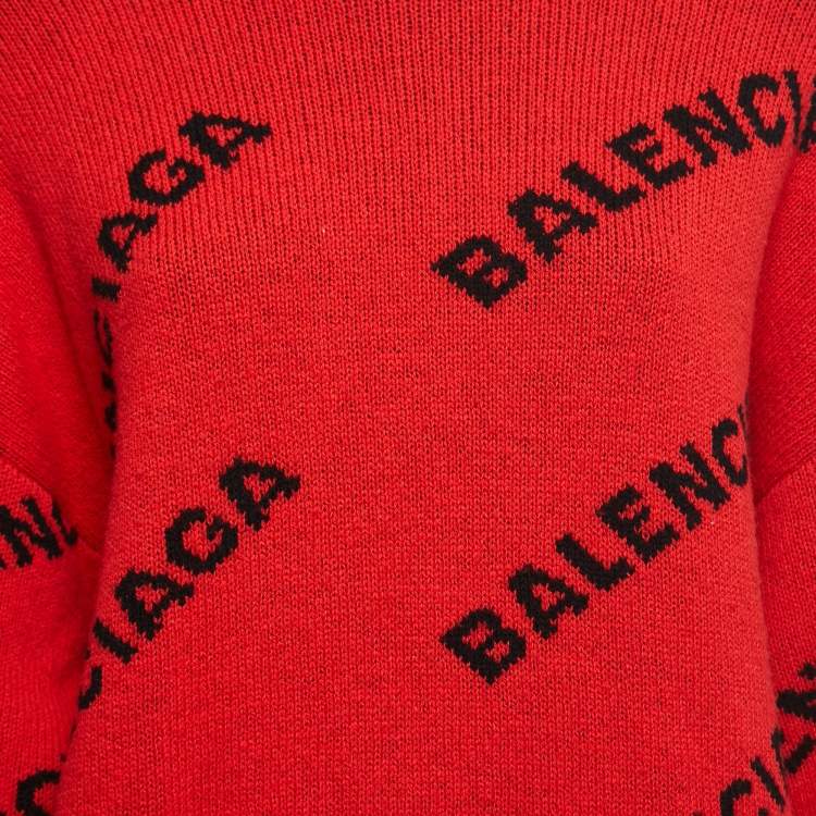 Pre Owned Balenciaga Red All Over Logo Intarsia Wool Sweater L