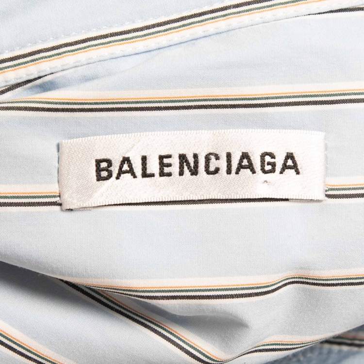 Pre Owned Balenciaga Blue Striped Cotton Logo Print Oversized Shirt L