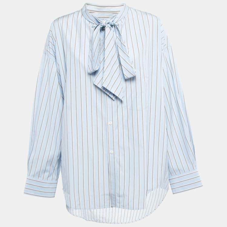 Pre Owned Balenciaga Blue Striped Cotton Logo Print Oversized Shirt L