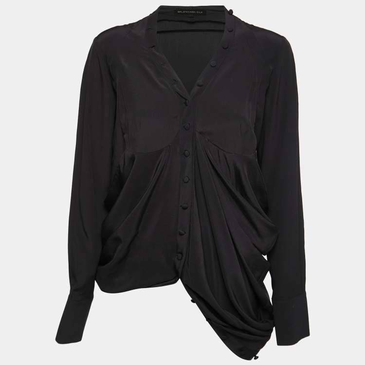 Pre Owned Balenciaga.Silk Black Silk Button Front Draped Long Sleeve Blouse L