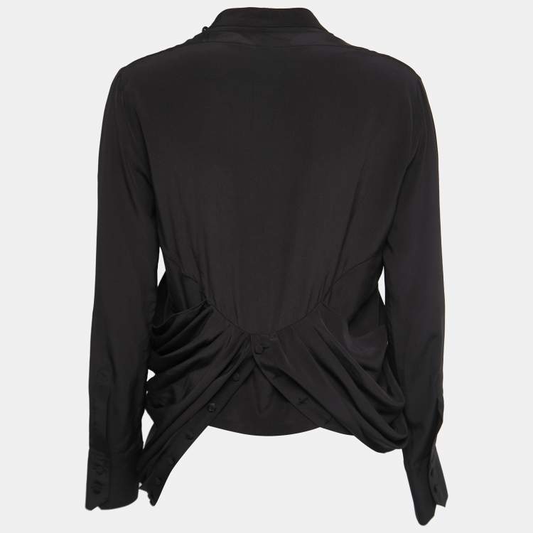 Pre Owned Balenciaga.Silk Black Silk Button Front Draped Long Sleeve Blouse L