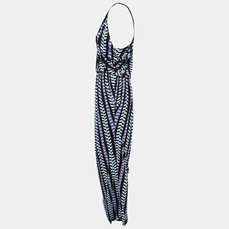 Pre Owned Balenciaga Black/Purple Patterned Jersey Strappy Draped Maxi Dress S
