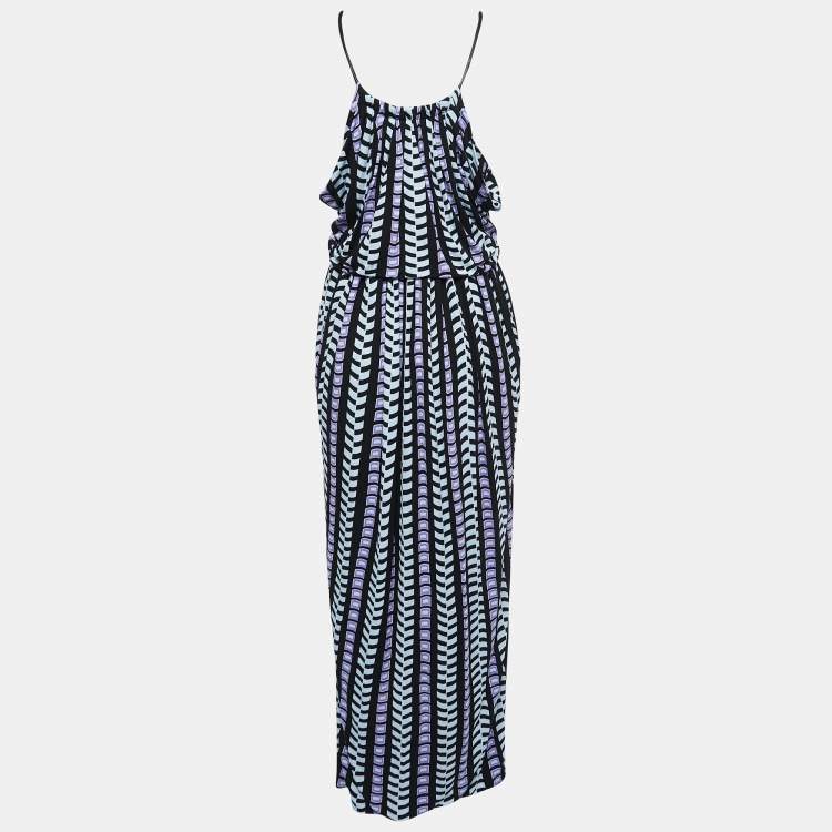 Pre Owned Balenciaga Black/Purple Patterned Jersey Strappy Draped Maxi Dress S