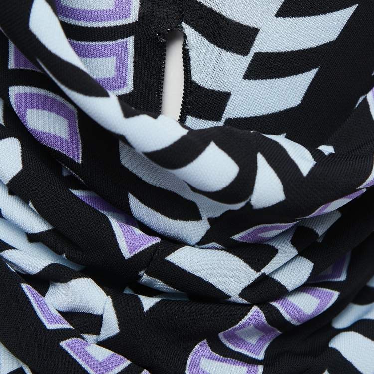 Pre Owned Balenciaga Black/Purple Patterned Jersey Strappy Draped Maxi Dress S