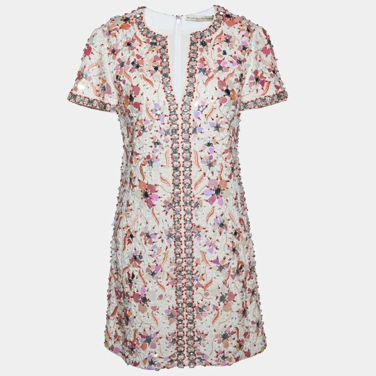 Pre Owned Balenciaga White Textured Embellished Cotton Plunge Neck Mini Dress S