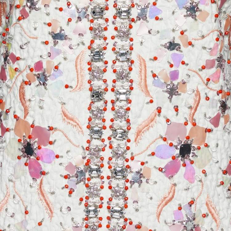 Pre Owned Balenciaga White Textured Embellished Cotton Plunge Neck Mini Dress S