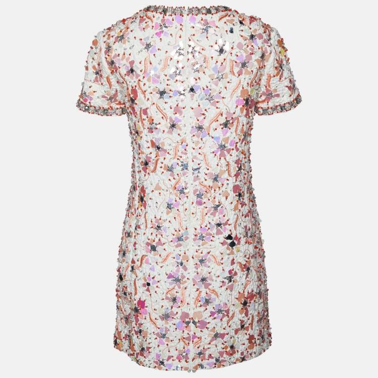 Pre Owned Balenciaga White Textured Embellished Cotton Plunge Neck Mini Dress S