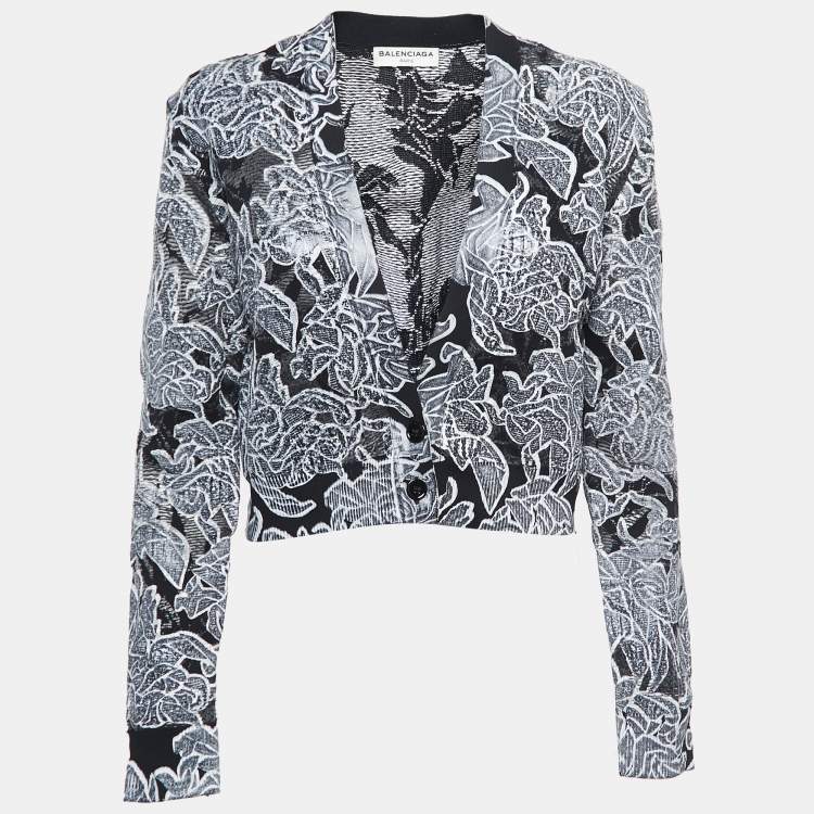 Pre Owned Balenciaga Black Floral Painted Knit Buttoned Cardigan M