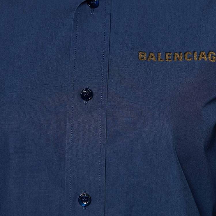 Pre Owned Balenciaga Navy Blue Logo Printed Cotton Short Sleeve Oversized Shirt XS