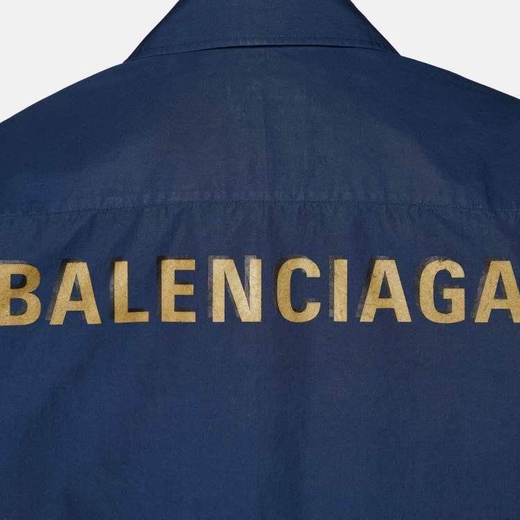Pre Owned Balenciaga Navy Blue Logo Printed Cotton Short Sleeve Oversized Shirt XS