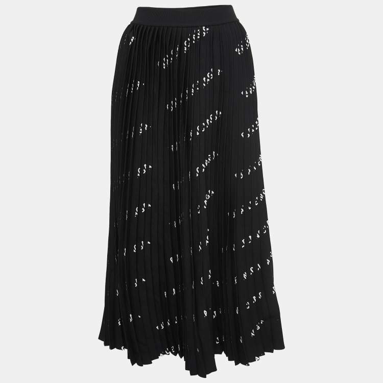 Pre Owned Balenciaga Black Logo Print Knit Pleated Midi Skirt S