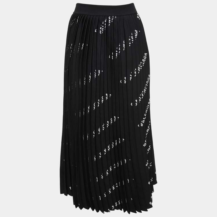 Pre Owned Balenciaga Black Logo Print Knit Pleated Midi Skirt S