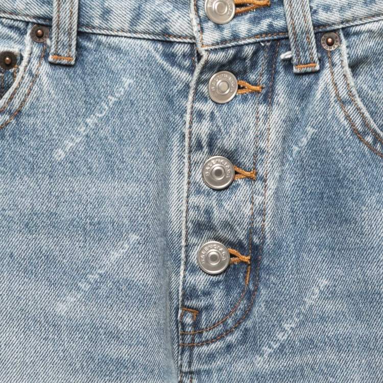 Pre Owned Balenciaga Blue Logo Printed Denim High Waist Straight Leg Jeans S Waist 24"