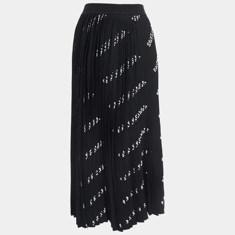 Pre Owned Balenciaga Black Logo Print Knit Pleated Midi Skirt S