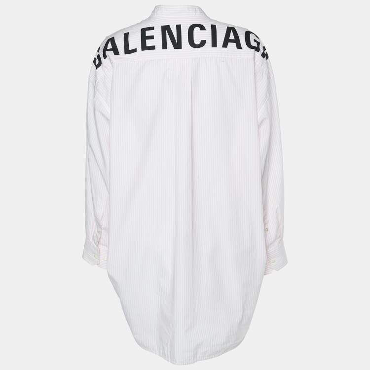 Pre Owned Balenciaga Pink 7 White Striped Cotton Neck Tie Detail Oversized Shirt M