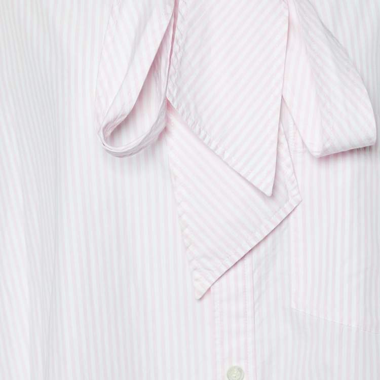 Pre Owned Balenciaga Pink 7 White Striped Cotton Neck Tie Detail Oversized Shirt M