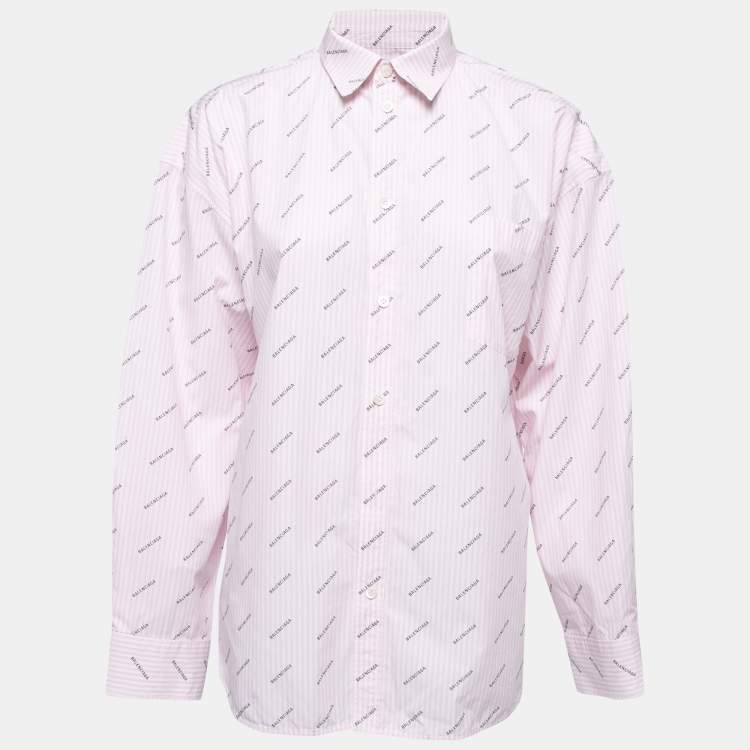 Pre Owned Balenciaga Pink Logo Striped Cotton Button Front Oversized Shirt S