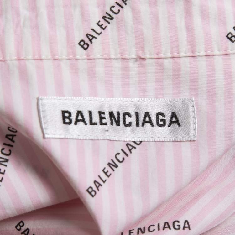 Pre Owned Balenciaga Pink Logo Striped Cotton Button Front Oversized Shirt S