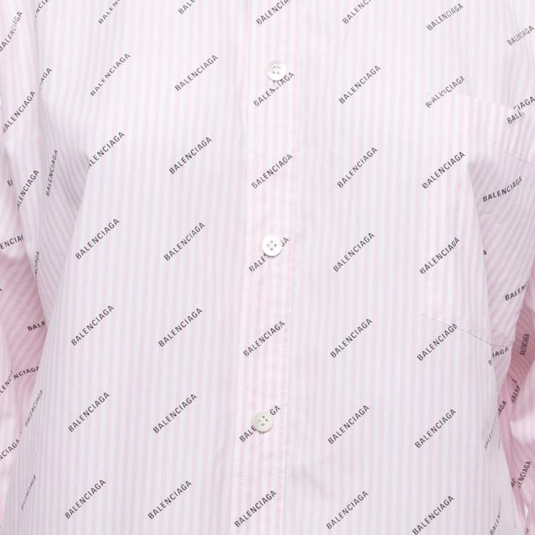 Pre Owned Balenciaga Pink Logo Striped Cotton Button Front Oversized Shirt S