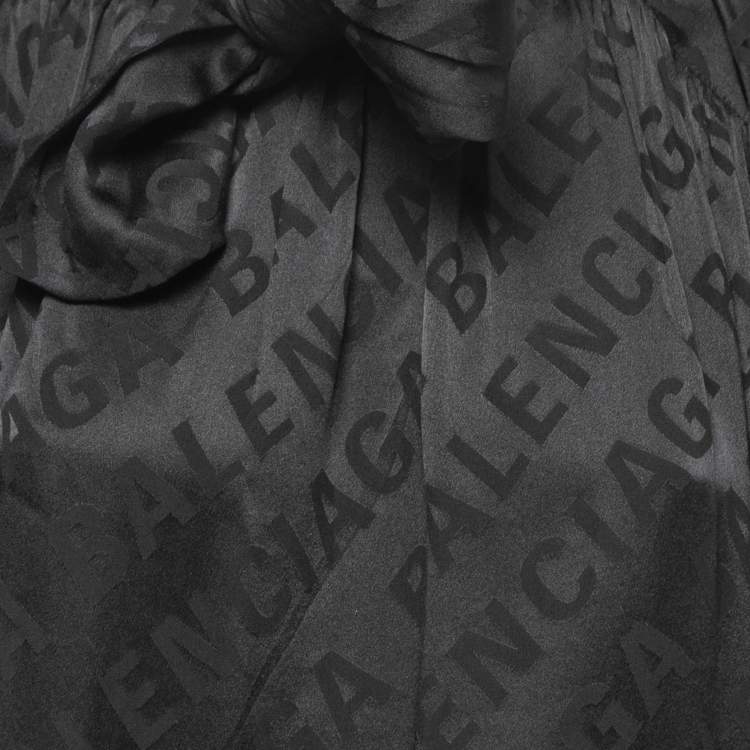 Pre Owned Balenciaga Black Logo Patterned Silk Button Front Neck Tie Detail Oversized Blouse M