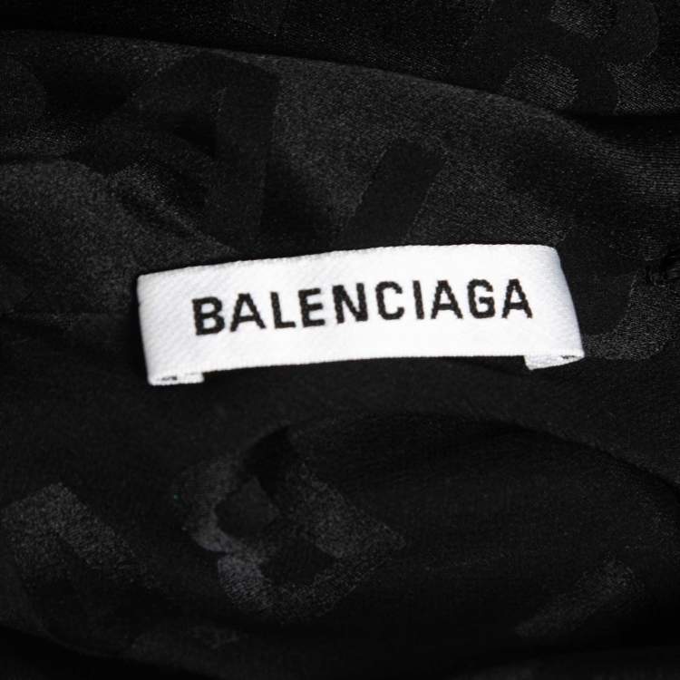 Pre Owned Balenciaga Black Logo Patterned Silk Button Front Neck Tie Detail Oversized Blouse M