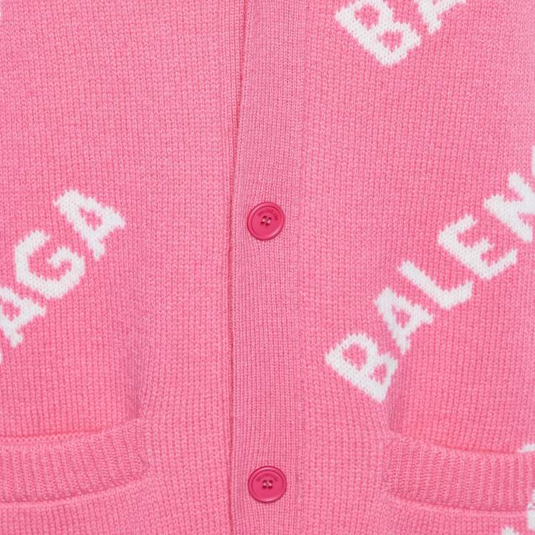 Pre Owned Balenciaga Pink Logo Intarsia Wool Knit Button Front Cardigan XS