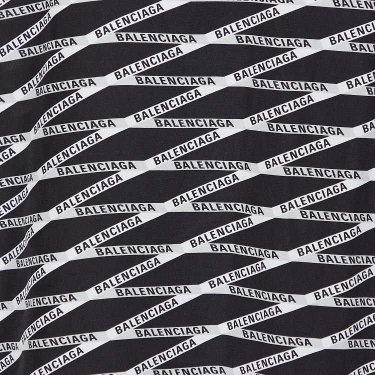 Pre Owned Balenciaga Black Zig Zag Logo Printed Silk Neck Tie Detail Top M