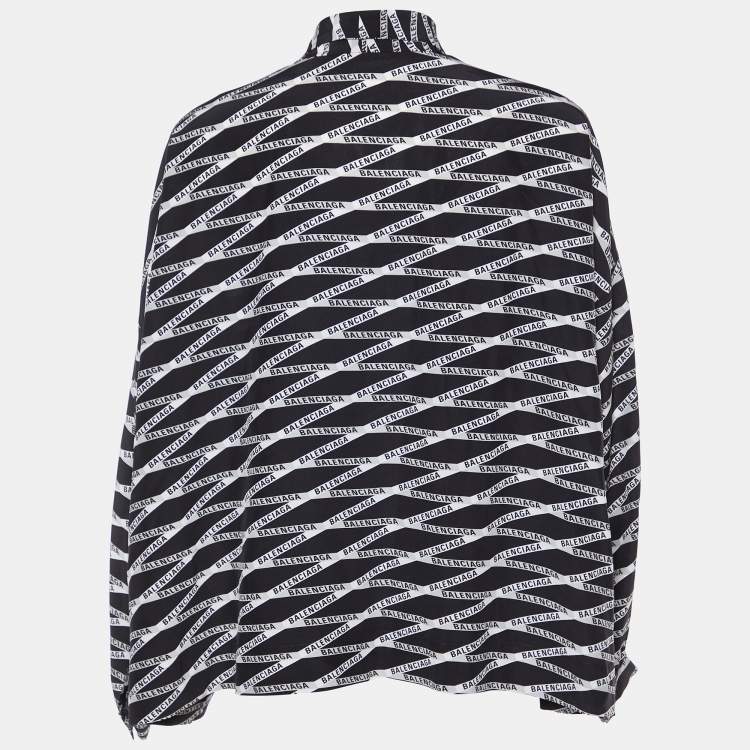 Pre Owned Balenciaga Black Zig Zag Logo Printed Silk Neck Tie Detail Top M