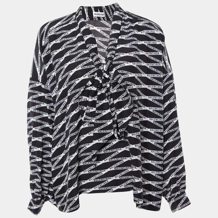 Pre Owned Balenciaga Black Zig Zag Logo Printed Silk Neck Tie Detail Top M