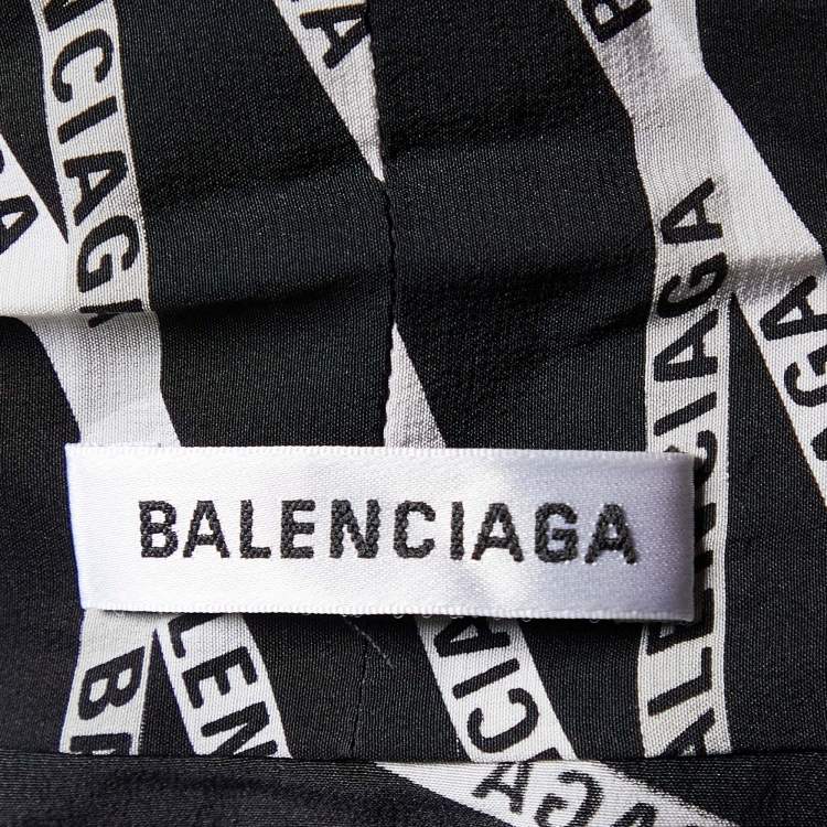 Pre Owned Balenciaga Black Zig Zag Logo Printed Silk Neck Tie Detail Top M