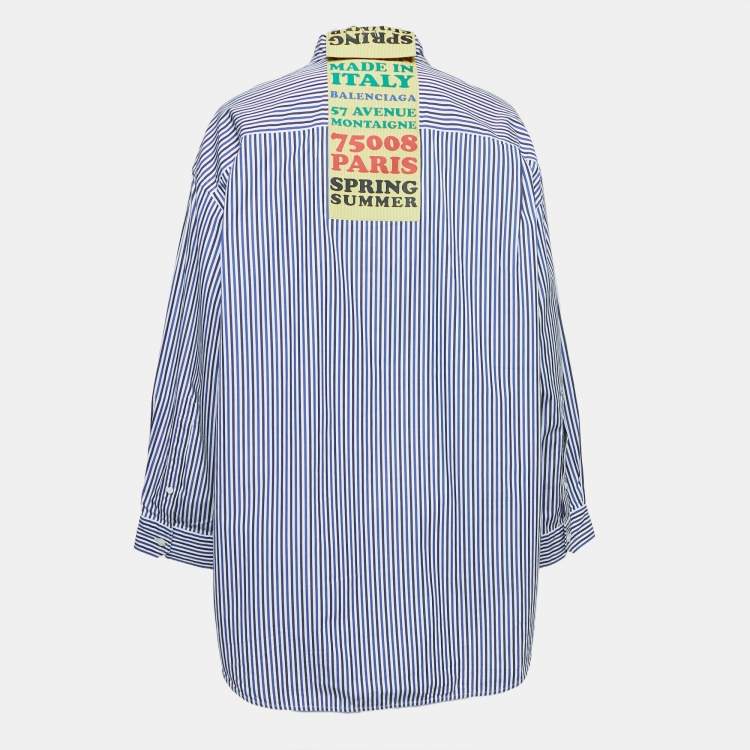 Pre Owned Balenciaga Blue Striped Cotton Oversized Spring Tag Shirt M