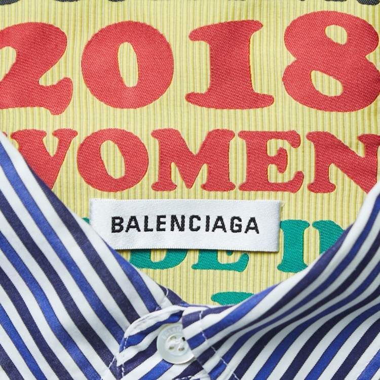 Pre Owned Balenciaga Blue Striped Cotton Oversized Spring Tag Shirt M