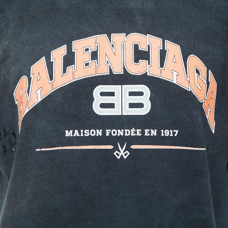 مملوكة مسبقًا Balenciaga Grey Washed & Distressed Logo Print Cotton Half Sleeve T-Shirt S