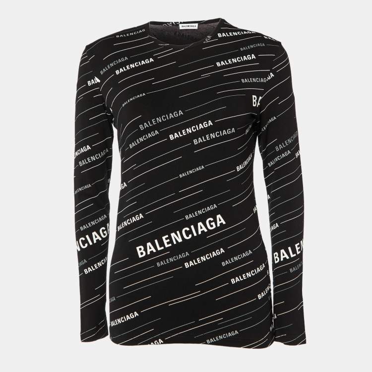 Pre Owned Balenciaga Black All Over Logo Print Knit Long Sleeve T-Shirt L