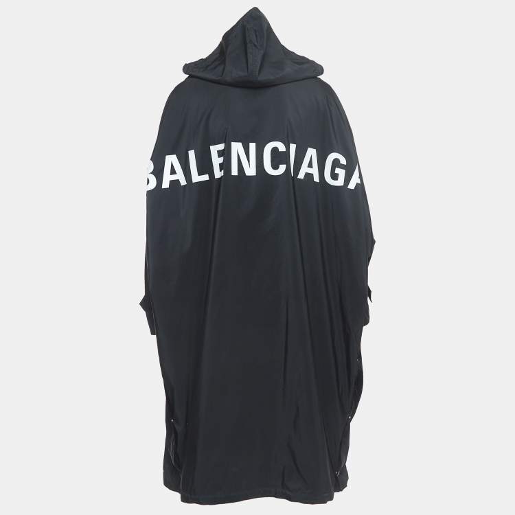 Pre Owned Balenciaga Black Logo Print Synthetic Button Front Long Hooded Coat S