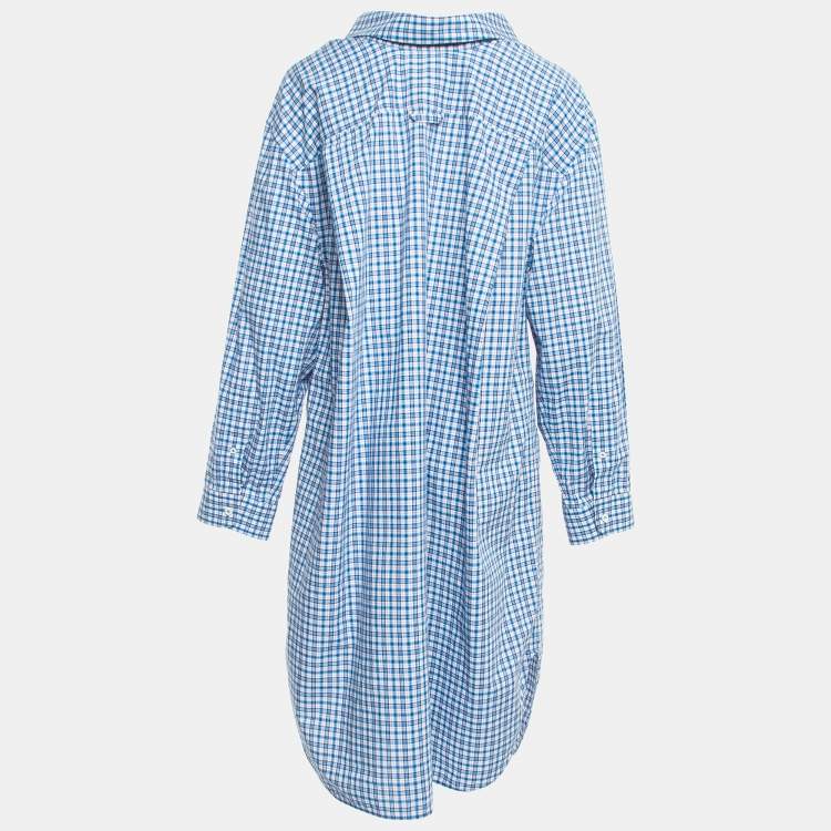 Pre Owned Balenciaga Blue Plaid Cotton Button Down Oversized Shirt Dress M