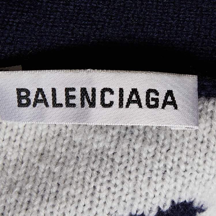 Pre Owned Balenciaga Navy Blue Logo Patterned Wool Buttoned Cardigan XS