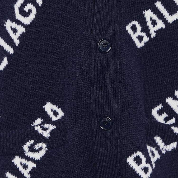 Pre Owned Balenciaga Navy Blue Logo Patterned Wool Buttoned Cardigan XS
