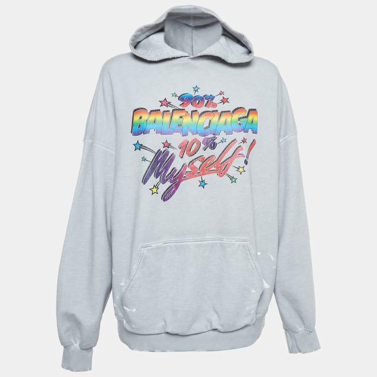 Pre Owned Balenciaga Grey Distressed Cotton Graphic Print Hoodie S
