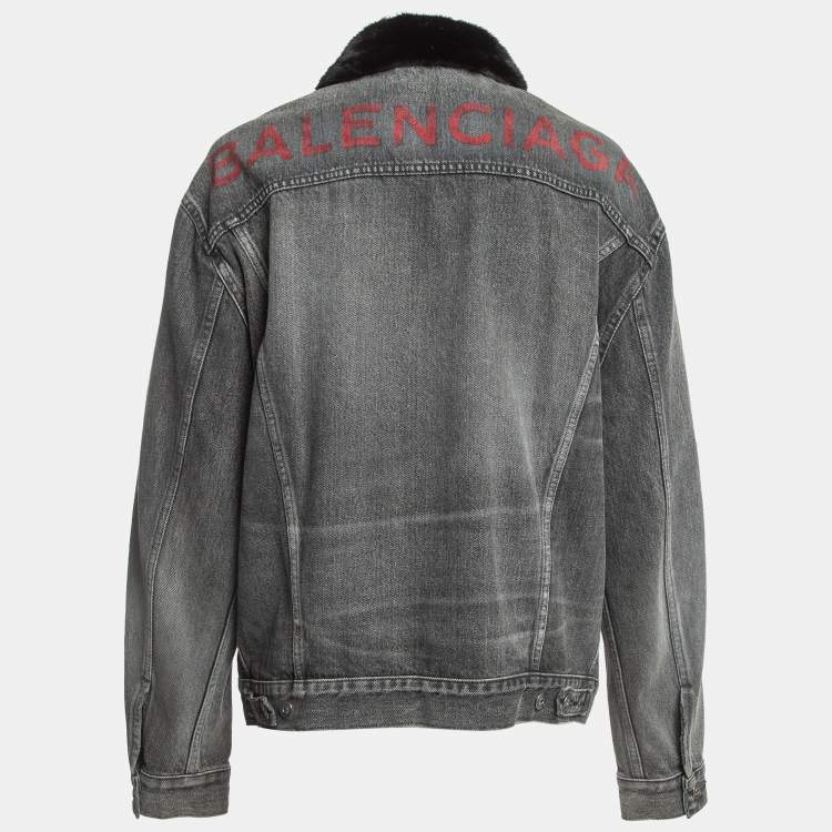 Pre Owned Balenciaga Black Logo Print Fur Trimmed Denim Buttoned Jacket S