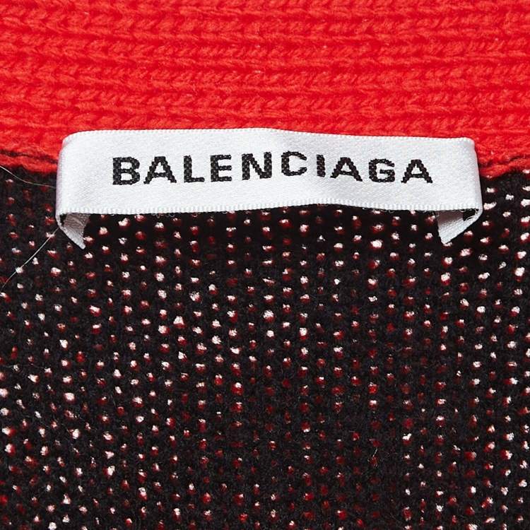 Pre Owned Balenciaga Red Logo Patterned Wool Knit Buttoned Cardigan XS