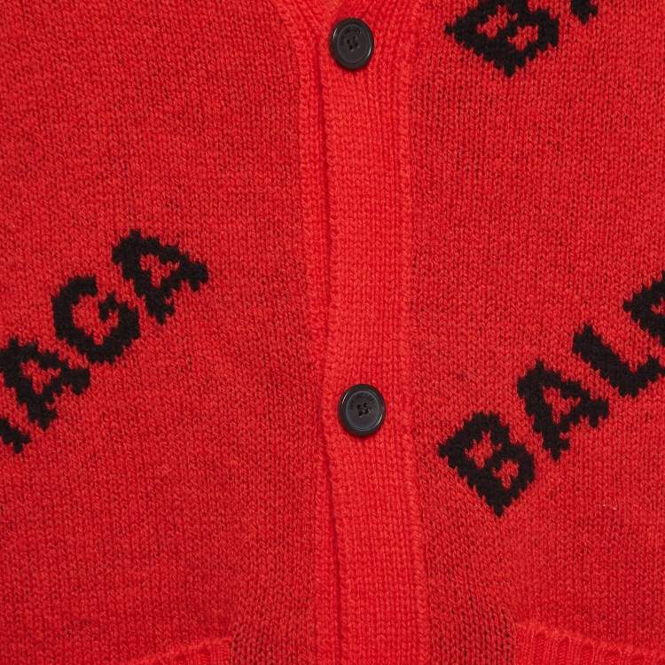 Pre Owned Balenciaga Red Logo Patterned Wool Knit Buttoned Cardigan XS