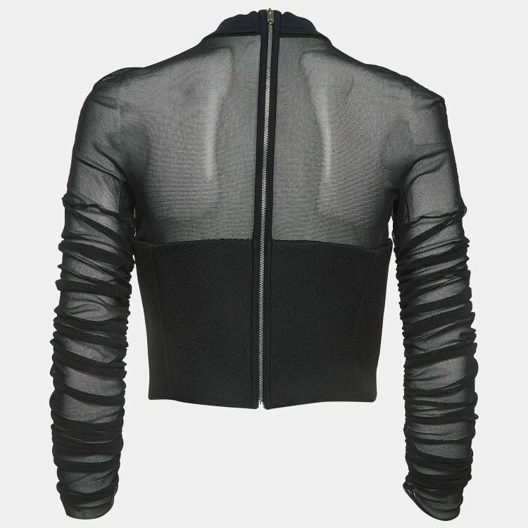 Pre Owned Balenciaga Black Synthetic and Mesh Ruched Sleeve Top M